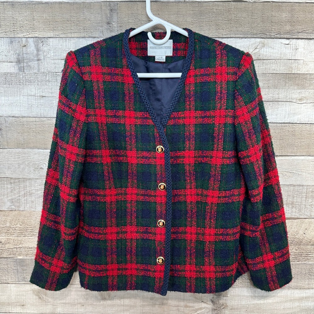 Amanda Smith Petites Womens Plaid Blazer  Red Green Navy Gold Button Petite‎ 12